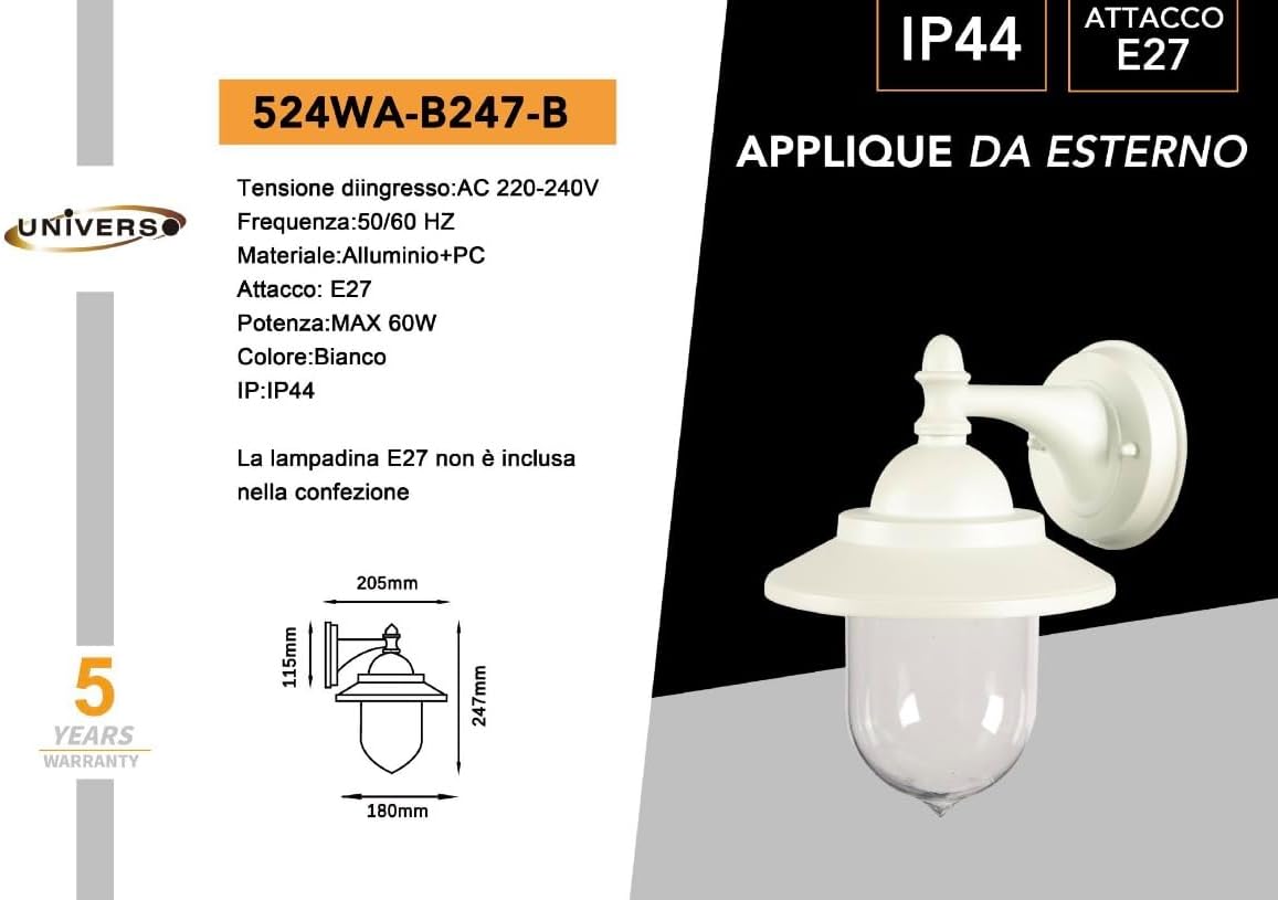 Applique da Esterno E27 IP44, Lampada da Parete Classica in Alluminio e PC, Attacco E27 (Lampadina no), Impermeabile per Facciata, Balcone e Giardino - Bianco/Grigio B247