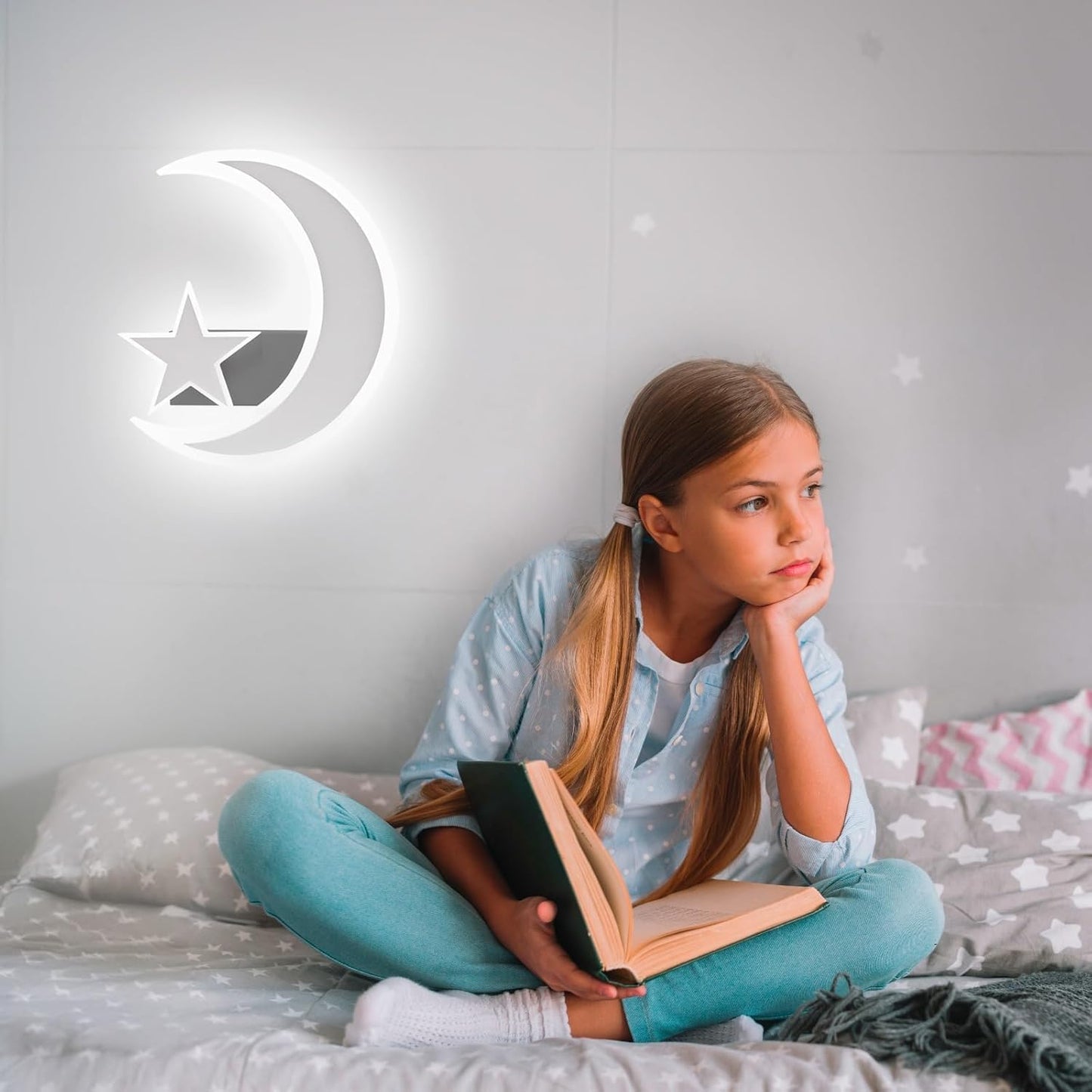 TEKHOME Applique da muro LED 11W design luna e stella, lampada decorativa da parete moderna 3000K-6500K, bianco E47-3C