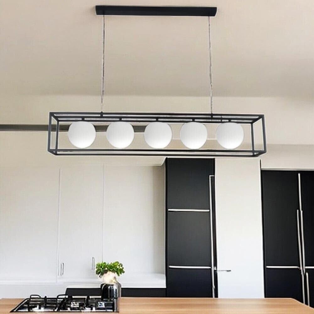 TEKHOME Lampadario a sospensione con 5 sfere in vetro bianco moderno metallo nero B89