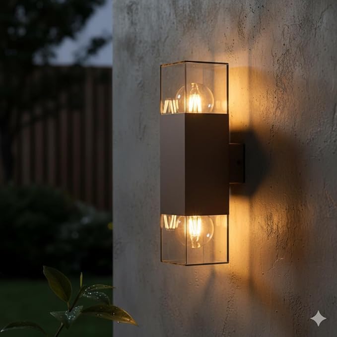 Applique da Esterno IP44 con Attacco E27, Lampada da Parete in Alluminio e Acrilico, 2xE27 12W, Design Moderno Doppia Luce Su e Giù, per Facciata, Giardino e Balcone – Colore Ruggine ESM-01C