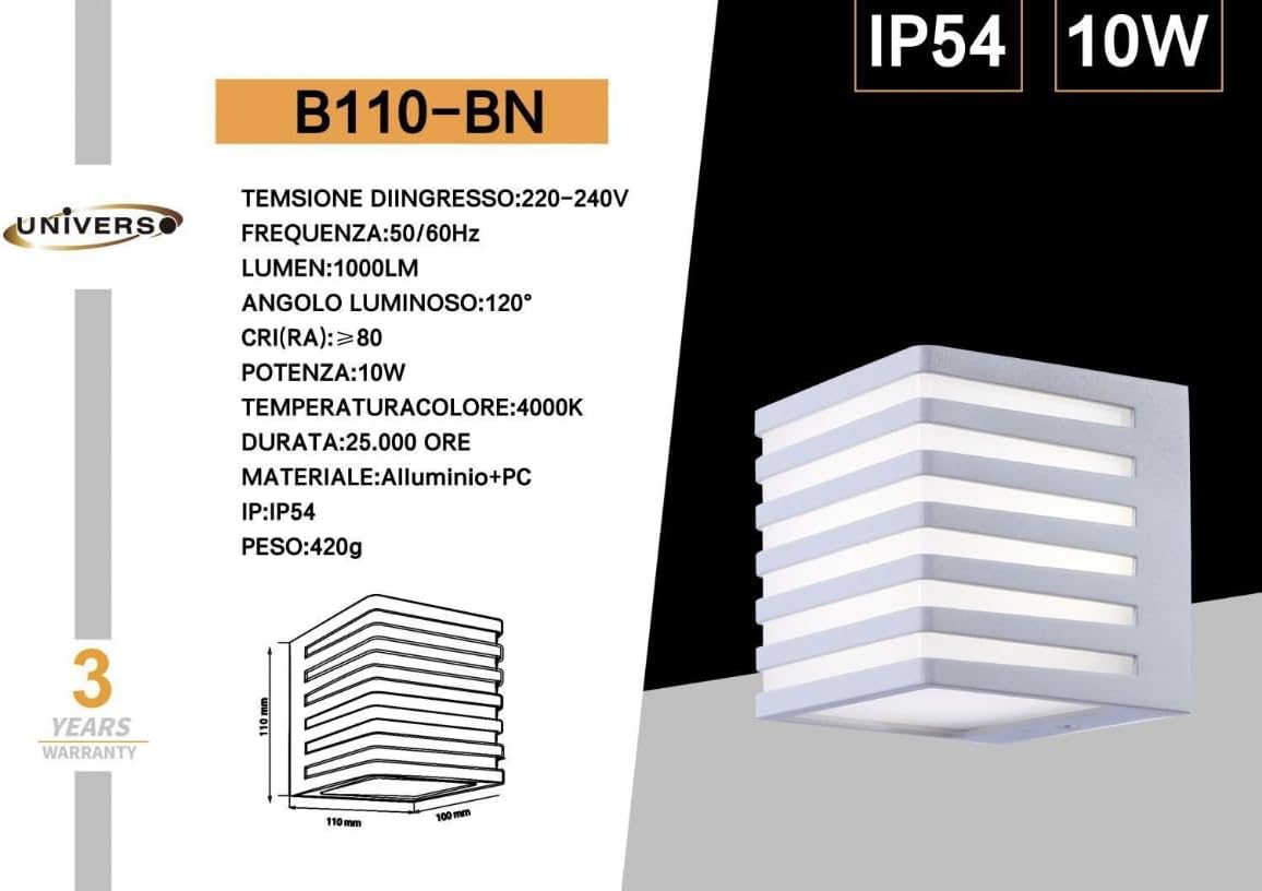 Applique da Esterno LED 10W IP54, Lampada da Parete Moderna in Alluminio e PC 1000LM, Bianco o Nero, Regolabile, per Facciate, Giardini e Balconi B110