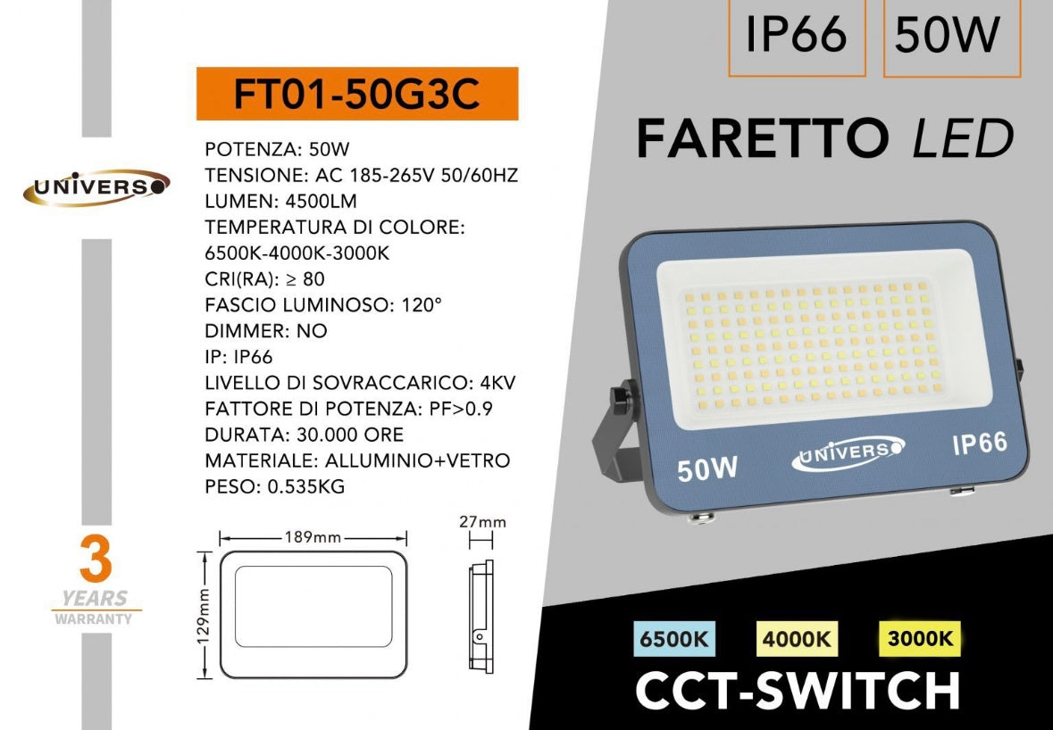 Faro LED Esterno CCT IP66 – 10W/20W/30W/50W/100W/200W – Selettore 3000K-4000K-6500K – Faretto LED da Esterno in Alluminio, Bianco o Grigio FT01