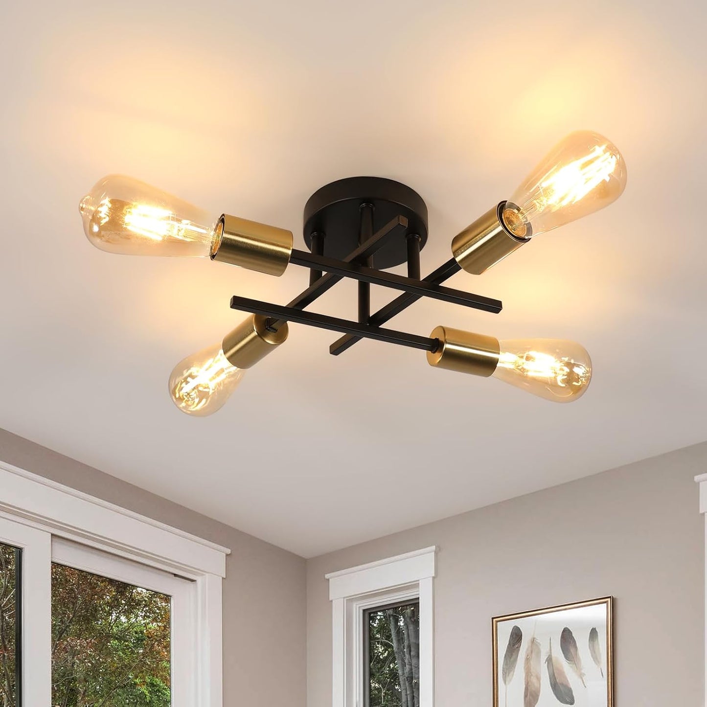Plafoniera Industriale E27 a 4 Luci, Lampadario da Soffitto in Metallo Nero e Ottone, Attacco E27, Design Moderno Industriale per Cucina Soggiorno Camera da Letto – PN-16 (Lampadina Non Inclusa)