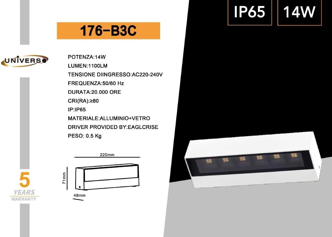 Applique LED da Esterno 14W IP65, Lampada da Parete Moderna in Alluminio e Vetro, 1100LM, Luce da Facciata Impermeabile per Giardino, Terrazza e Ingresso - Bianco/Grigio 176