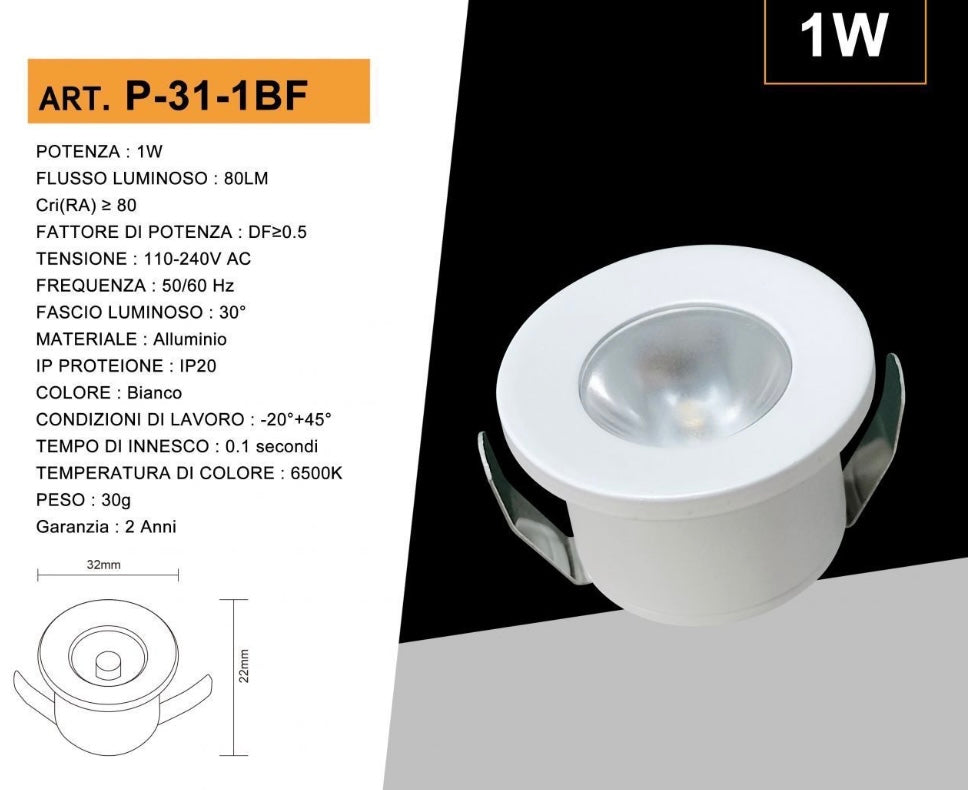 5 Pezzi,Faretti LED da Incasso 1W, Foro Ø32 mm, 80 lm, Luce 3000K/4000K/6500K o Rosso/Verde/Blu, Fascio 30°, AC 110-240V, Corpo in Alluminio, Modello P-31