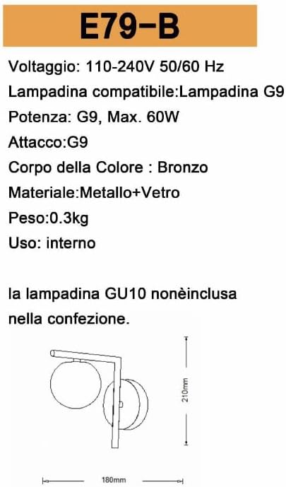 Applique da muro interno G9 in bronzo,lampada da parete Moderno in metallo e vetro per Camera da letto/Soggiorno/Bagno E79-B