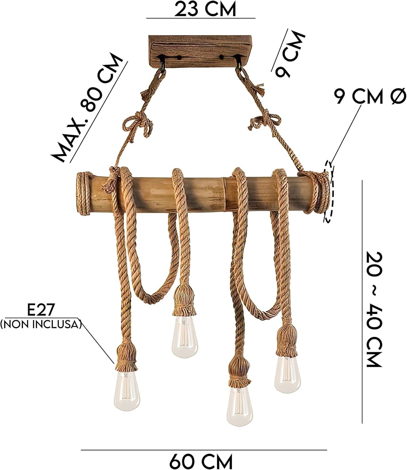Lampadario Vintage Retro in Corda di Bambù con 4 Teste a Sospensione, Lampadario Corda Canapa Industriale 40W E27 per Cucina Soggiorno Sala da Pranzo Bar Caffè Ristorante Pizzeria Locale  B23