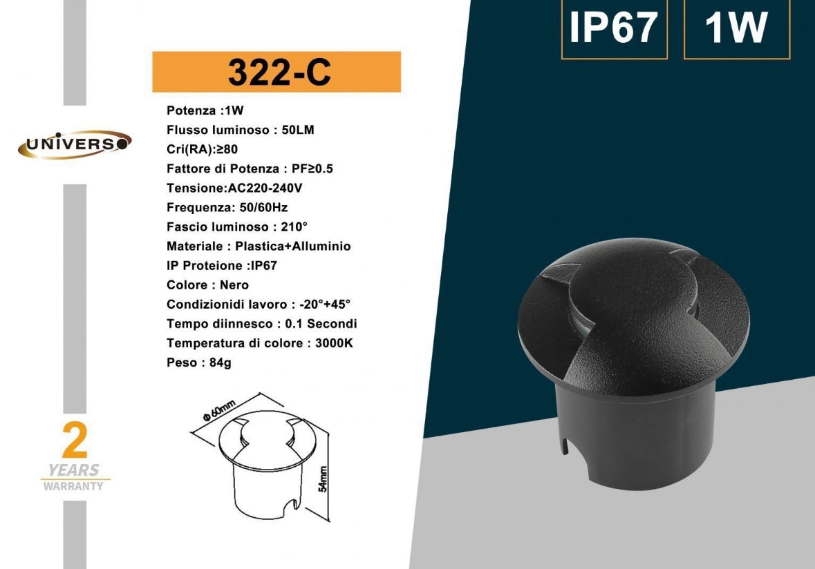 Lampada da Incasso a Terra IP67 1W per Esterno, Segnapasso LED da Giardino, Calpestabile, Corpo Nero, Uso per Vialetti Scale Terrazze – 1W LED-322