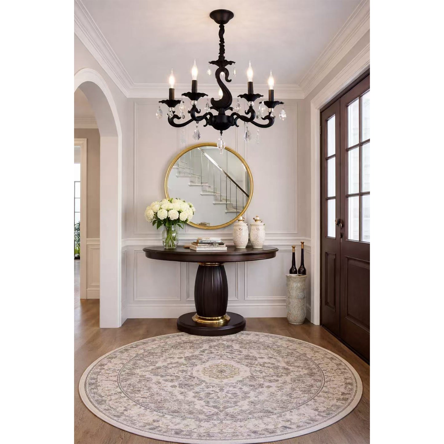 Lampadario a Sospensione Classico in Vetro e Metallo, 5 Luci E14, Stile Elegante per Soggiorno e Camera da Letto, Colori Bianco o Nero – A15-5