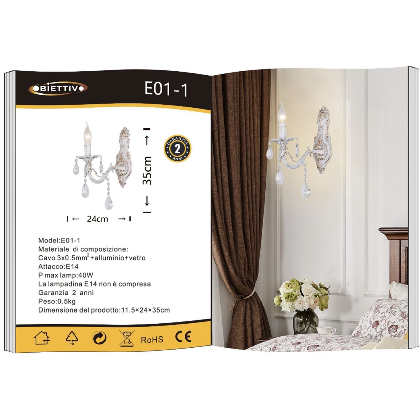 Applique da Parete Classica in Cristallo E14, Lampada da Muro Elegante con Pendenti in Vetro per Camera da Letto e Soggiorno, Stile Classico Europeo – E01-1