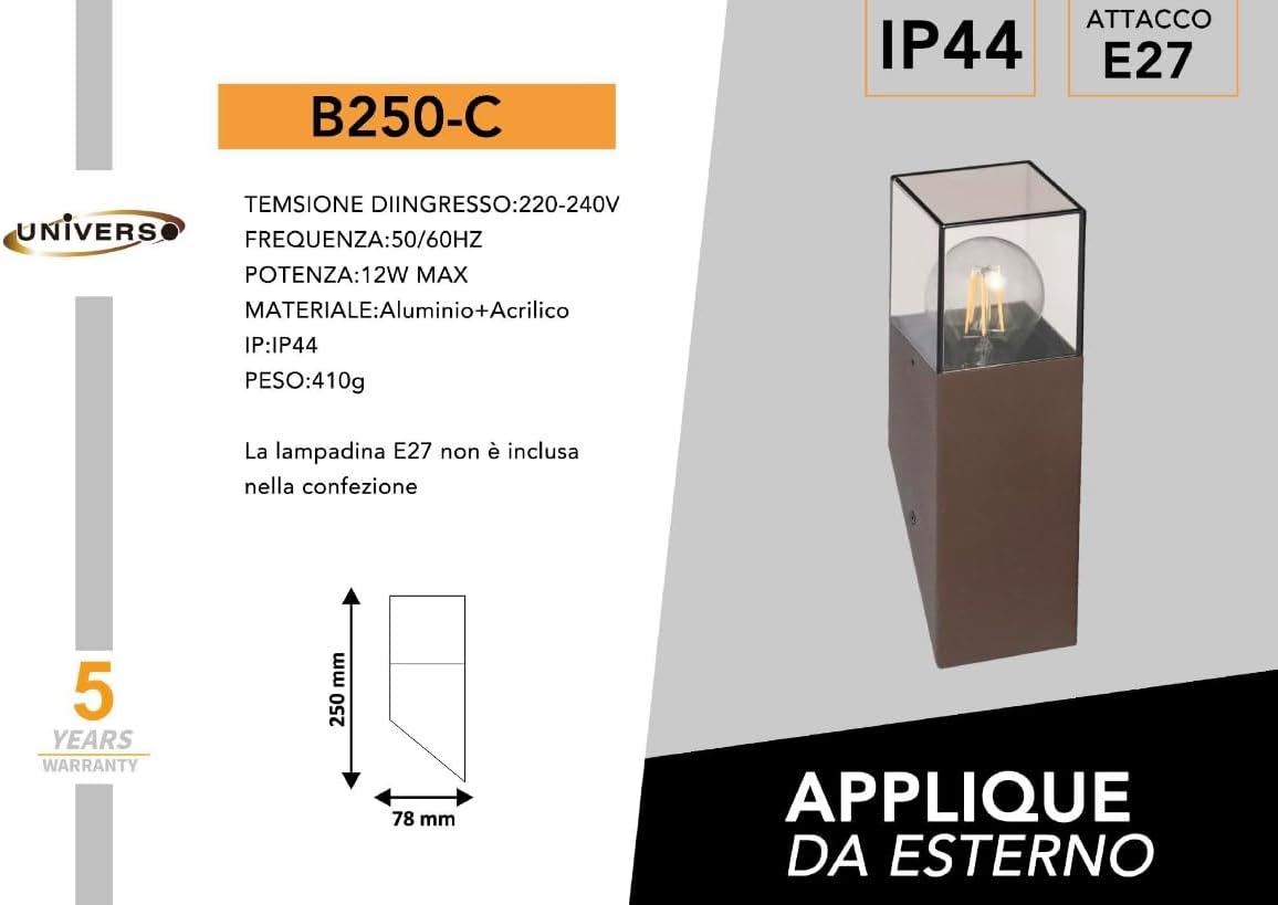 Applique da Esterno E27 IP44, Lampada da Parete Moderna in Alluminio e Acrilico, Attacco E27 (Lampadina no), Impermeabile per Giardino, Facciata, Balcone - Nero/Bianco/Caffè B250