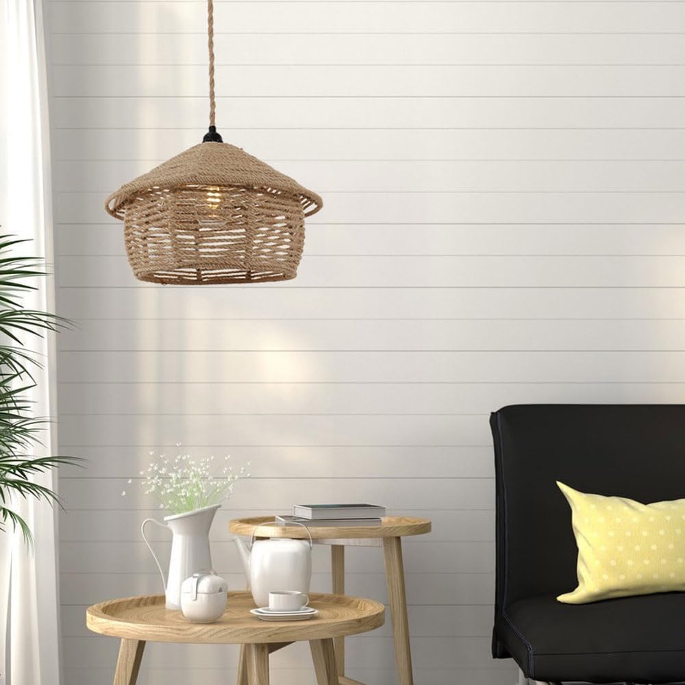 Lampadario a sospensione con paralume a cono in corda di canapa stile vintage retrò lampada attacco E27 cucina soggiorno A54