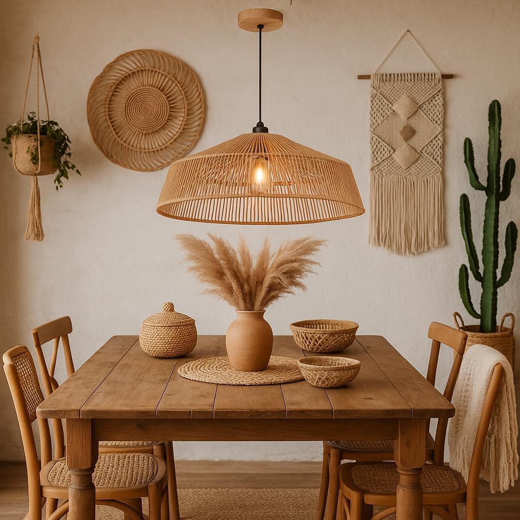 Lampadario a Sospensione in Stile Boho 40/50cm, Paralume in Rattan/Filo di Corda, Attacco E27, Altezza Regolabile, Illuminazione per Cucina Soggiorno Sala da Pranzo – Naturale LP-48