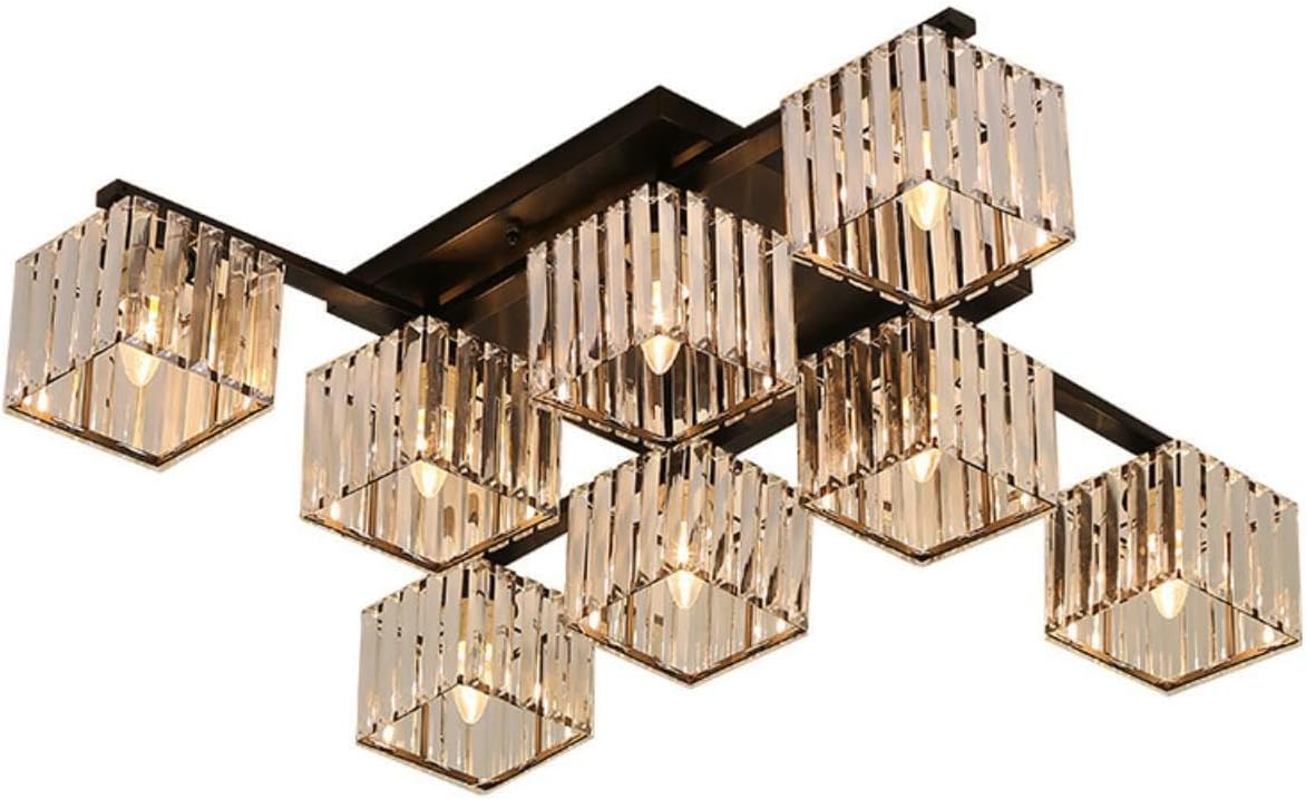 TEKHOME Lampadario da Soffitto 8 Luci E27, Stile Moderno Quadrato in Cristallo, Attacco E27 Max 60W, Struttura in Metallo Nero, Senza Lampadine, per Soggiorno Sala da Pranzo Interni C28-8