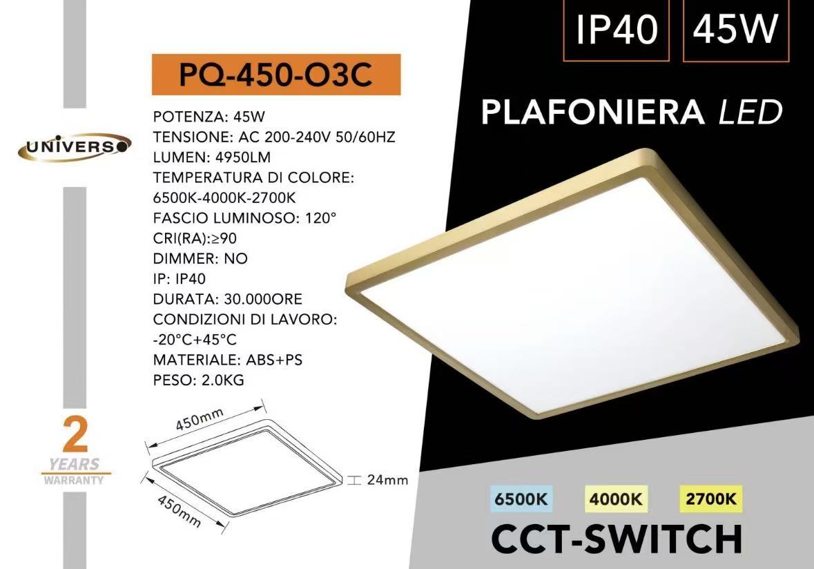 Plafoniera LED Quadrata 45W con Cambio Colore CCT 6500K-4000K-2700K, Moderna per Soggiorno Cucina Camera PQ-450