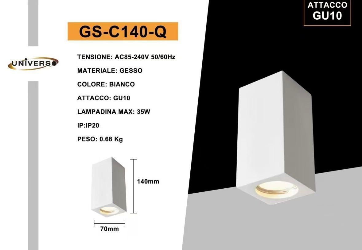 Portafaretto in Gesso da Soffitto GU10 – Plafoniera Cubica Bianca Verniciabile, Design Moderno, Incasso per Cartongesso GS-C140-Q