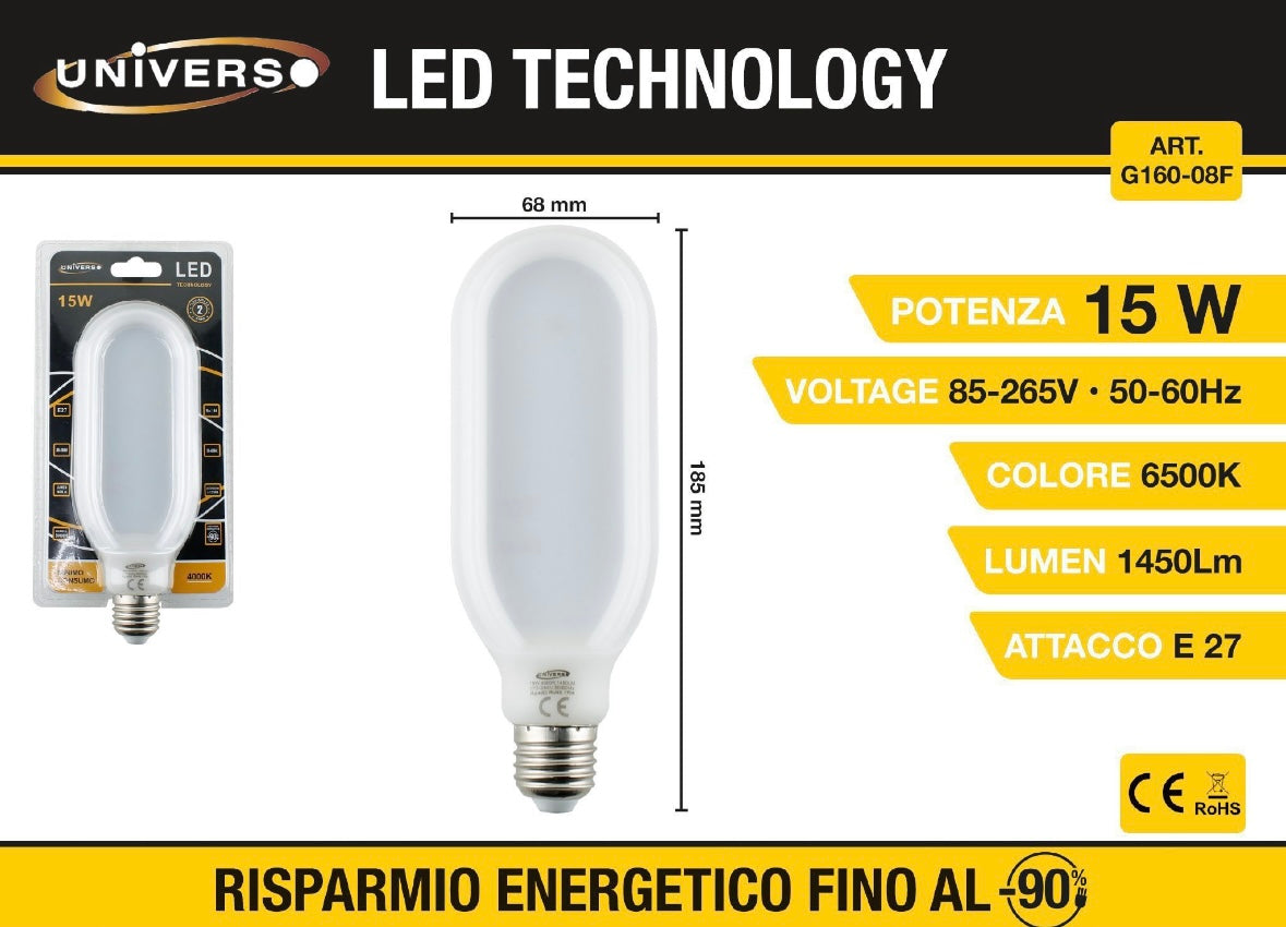 Lampadine LED E27 15W 1450LM, Confezione da 5 Pezzi, Luce Fredda 6500K, Lampadina Tubolare LED ad Alta Luminosità, 85-265V, Basso Consumo, Non Dimmerabile, Modello G160-08F