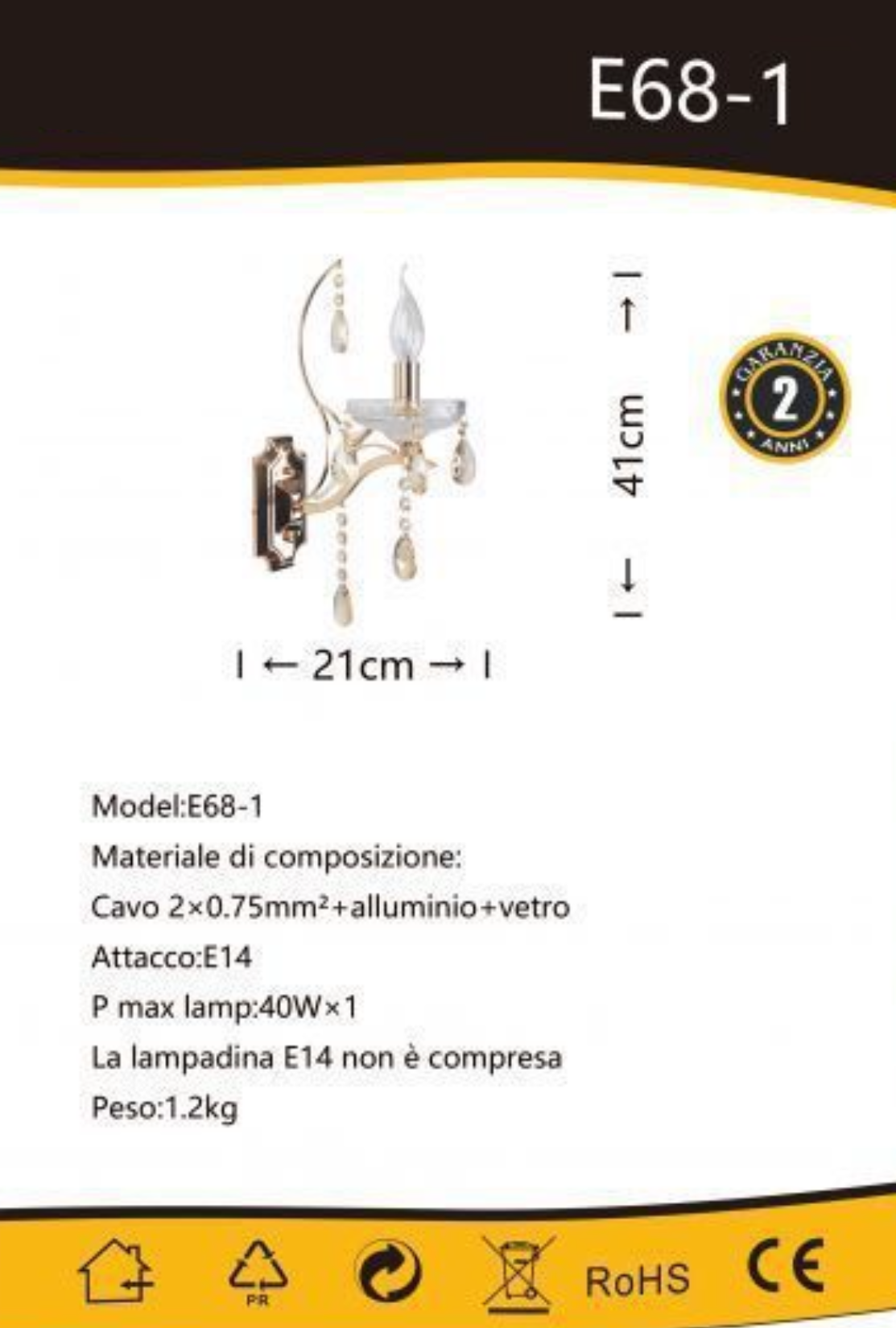 TEKHOME Applique da Parete in Cristallo Stile Candelabro Oro E68-1, Portalampada E14, Lampada da Muro Classica con Decorazioni in Vetro per Soggiorno, Camera da Letto e Corridoio E68-1