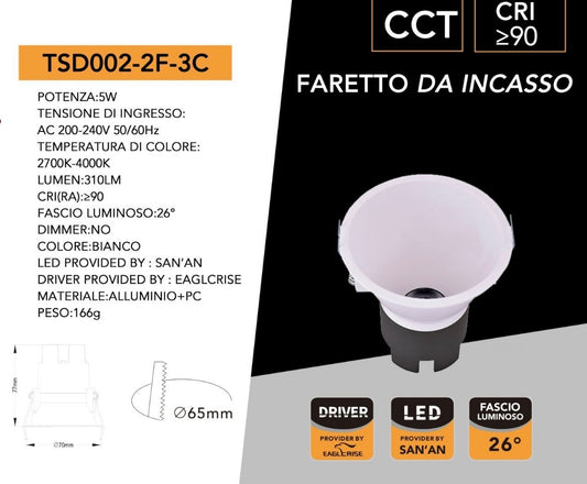 Faretto LED da Incasso COB 5W CCT, Antiabbagliamento, Selezione Luce 2700K/4000K/6000K, CRI≥90, Foro Ø65 mm, Fascio 26°, Downlight LED per Controsoffitti, Negozi e Abitazioni, TSD002-2F-3C