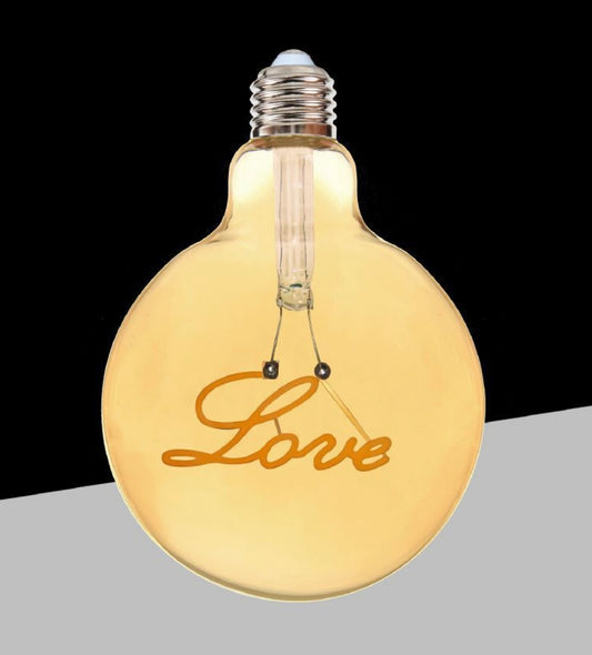 Lampadine LED Decorative E27 G125 Love, Confezione da 5 Pezzi, 4W 2500K, 320LM, Globo XL Ø125mm, Vetro Ambrato, Design con Scritta “Love”, Luce Extra Calda, 360°, Modello G125-LOVE