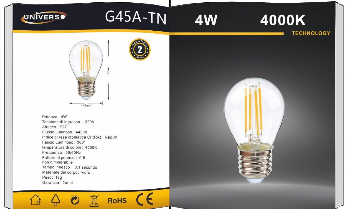 Lampadine LED E27 G45 4W, Confezione da 5 Pezzi, 440LM, 3000K/4000K/6500K e Colori Rosso Verde Blu, Lampadine Decorative in Vetro Trasparente, Luce a 360°, Basso Consumo, Modello G45A-T