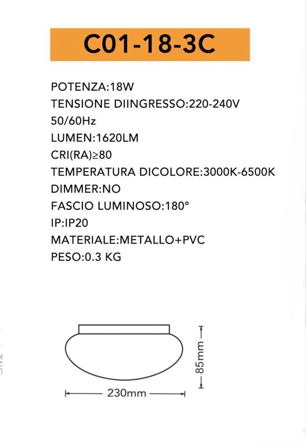 TEKHOME PLAFONIERA LED 230mm, 18W, CCT 3000K-6500K, Copertura Latte, Selettore a Tre Colori, Non Dimmerabile C01-18-3C