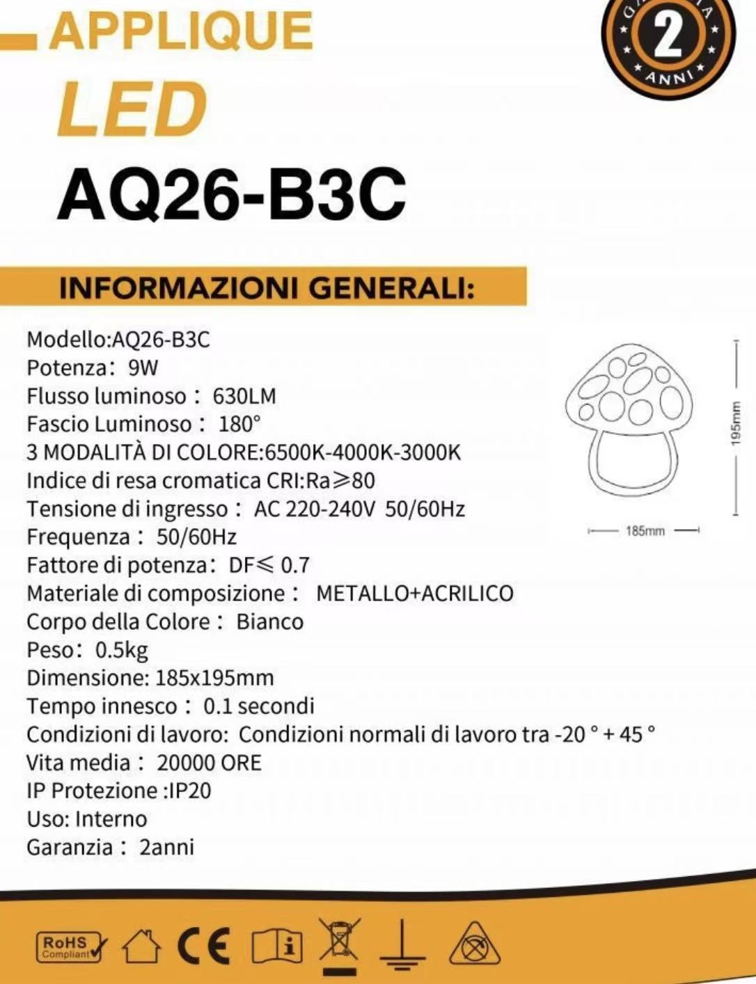 TEKHOME Applique da muro LED 9W a forma di fungo, luce regolabile 3000K-6500K, lampada decorativa per cameretta, soggiorno e camera da letto AQ26-B3C