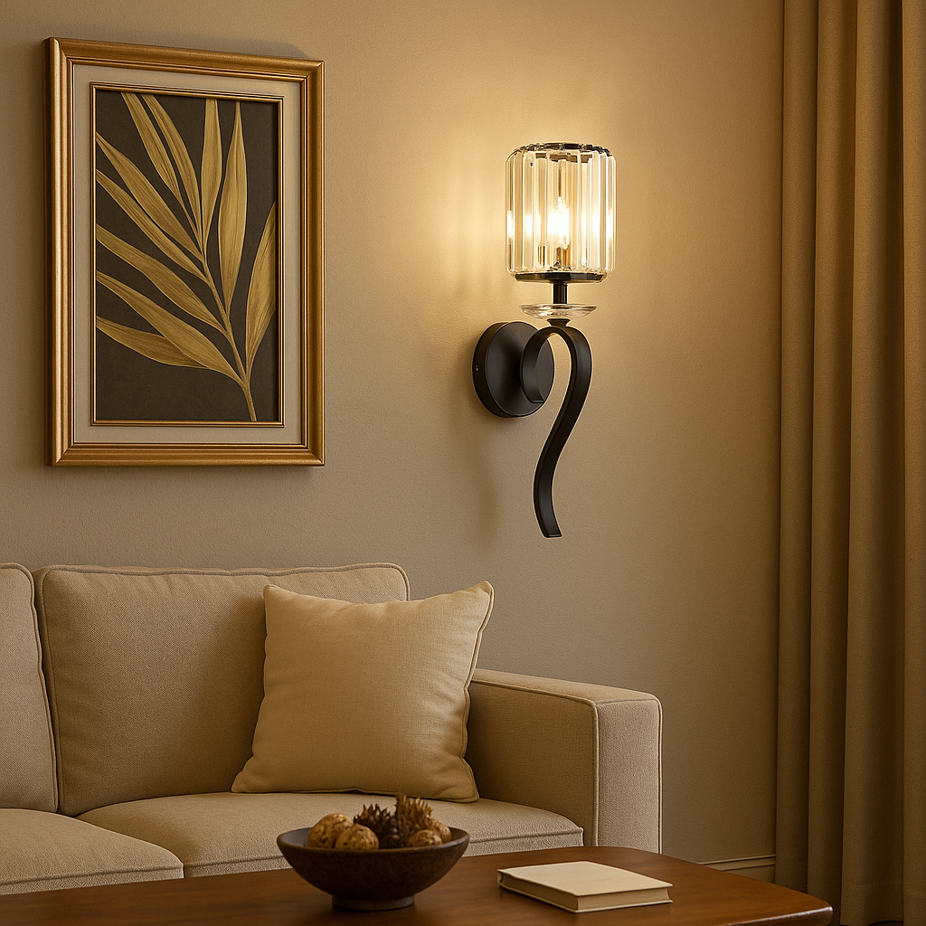 TEKHOME Applique da Parete in Cristallo Nero E36-1, Portalampada E14, Lampada da Muro Classica in Metallo e Vetro per Soggiorno, Camera e Corridoio