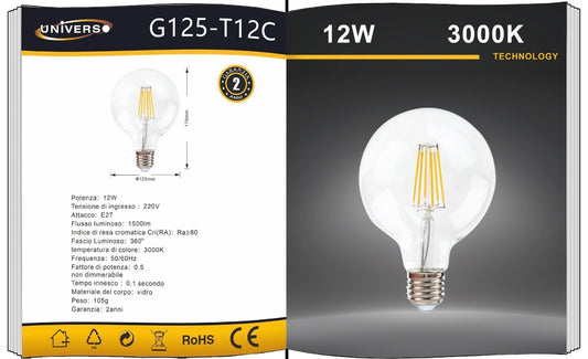 Lampadine LED E27 G125 12W, Confezione da 5 Pezzi, Globo XL Ø125mm, 1300-1500LM, Luce 2600K/3000K/4000K/6500K, Vetro Trasparente o Ambrato, Fascio Luminoso 360°, Basso Consumo,G125-T12