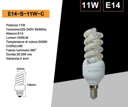 Lampadine LED E14 11W, Confezione da 10 Pezzi, 1045LM, 3000K/4000K/6500K, Lampadina LED a Spirale, Luce Calda/Naturale/Fredda, CRI>80, Fascio 360°, Risparmio Energetico, Modello E14-S-11W
