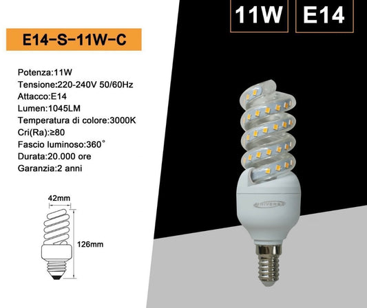 Lampadine LED E14 11W, Confezione da 10 Pezzi, 1045LM, 3000K/4000K/6500K, Lampadina LED a Spirale, Luce Calda/Naturale/Fredda, CRI>80, Fascio 360°, Risparmio Energetico, Modello E14-S-11W