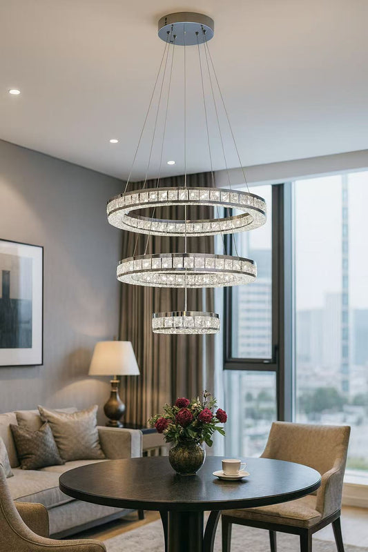 Lampadario LED Moderno 46W CCT 3680 Lumen, Sospensione a 3 Cerchi in Cristallo, Luce 3000K-6500K, Lampadario da Soffitto per Soggiorno Sala da Pranzo Camera B50-3C