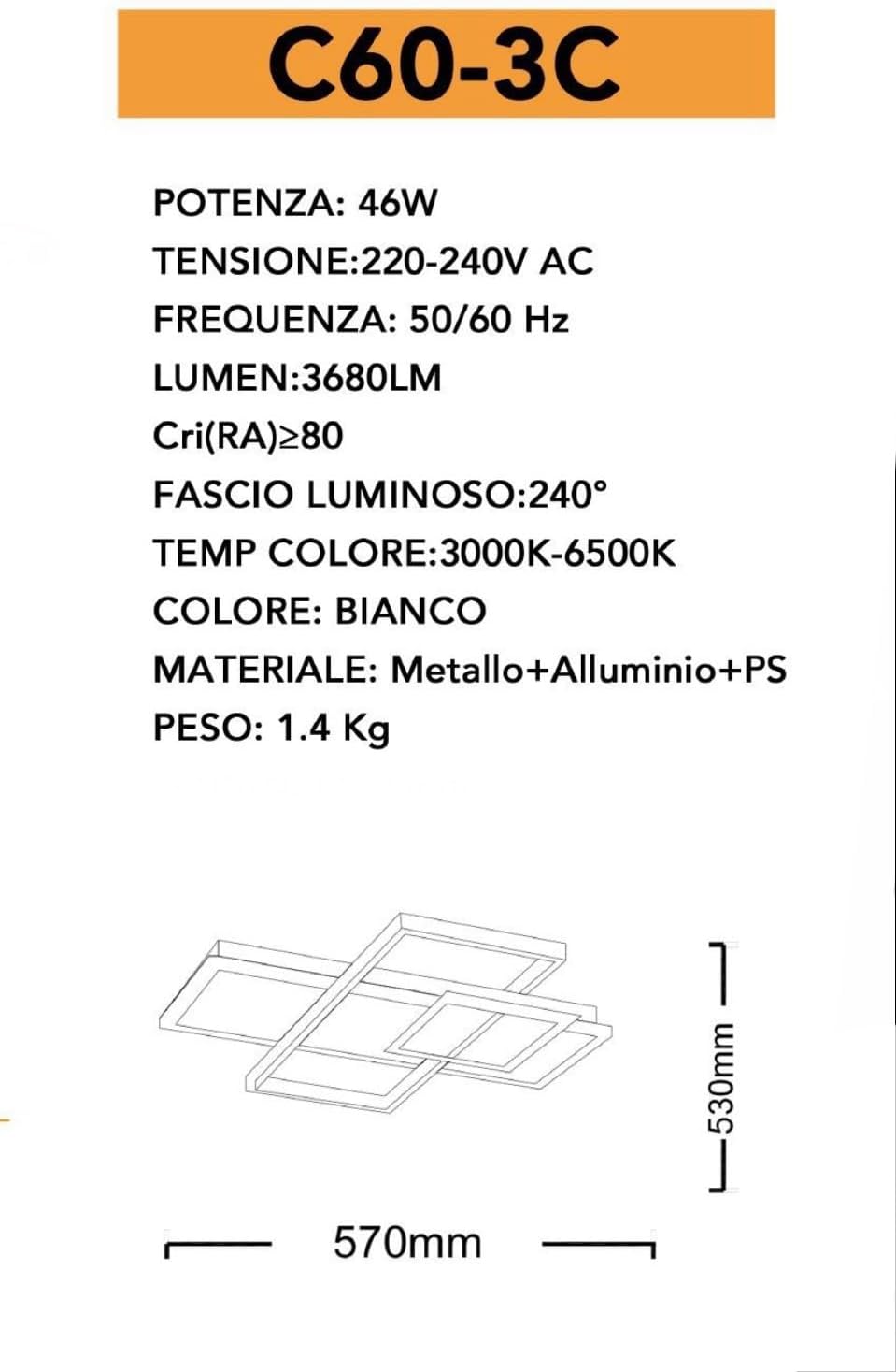 TEKHOME Plafoniera led 3 colori luce bianca calda naturale lampadario 46 w moderno c60