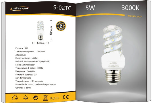 Lampadine LED E27 5W, Confezione da 6 Pezzi, 450LM, Luce Calda 3000K, Lampadina LED Spirale, Emissione 360°, CRI>80, Basso Consumo Energetico, Non Dimmerabile, Attacco E27, Modello S-02TC