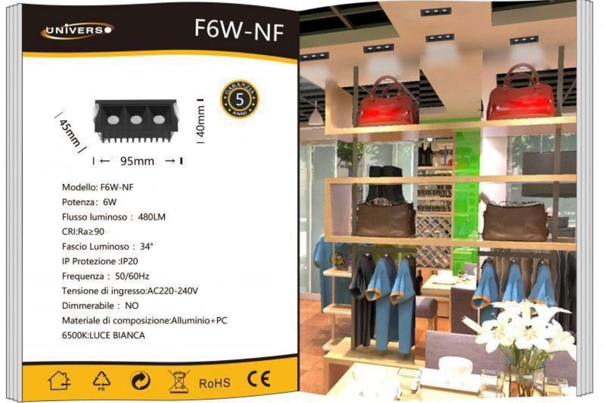Faretto LED da Incasso Rettangolare 6W, 480LM, CRI ≥90, 3 Spot LED, 3000K/4000K/6500K, Fascio 34°, AC 220-240V, Alluminio + PC, per Cartongesso e Controsoffitto, 1 Pezzo, F6W