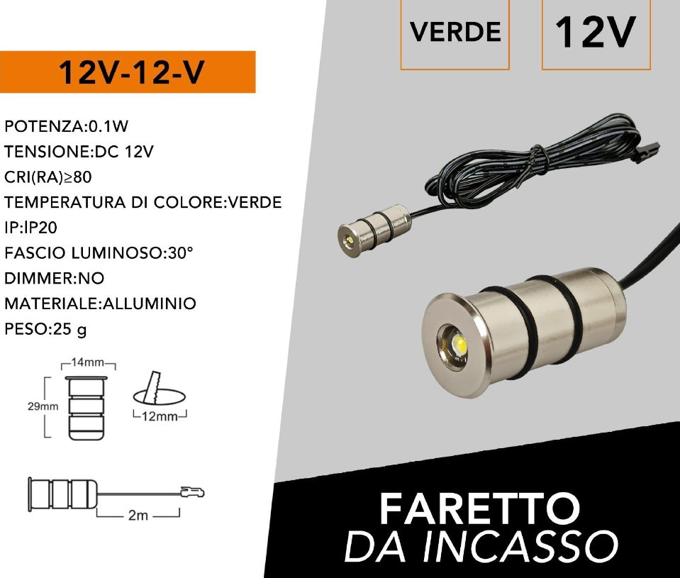 Mini Faretti LED da Incasso 12V DC 0,1W, Kit da 5 Pezzi, Foro Ø12 mm, Corpo in Alluminio, Cavo da 2 m, Mini Spot LED per Camper, Barca, Mobili, Vetrine e Illuminazione Decorativa, 12V-12