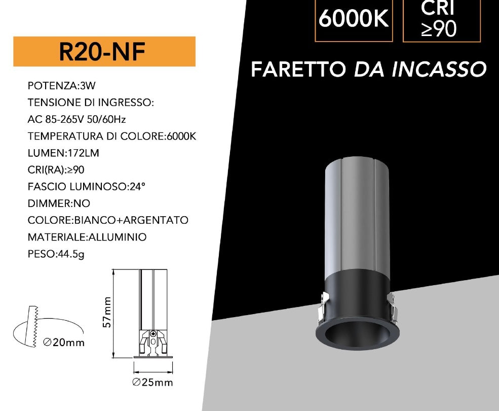 Mini Faretto LED da Incasso COB 3W Nero, Foro Ø20 mm, CRI≥90, Fascio 24°, Spot LED da Incasso per Vetrine, Mobili, Mensole, Scale e Controsoffitti, Luce 3000K/4000K/6000K,Modelli R20-N