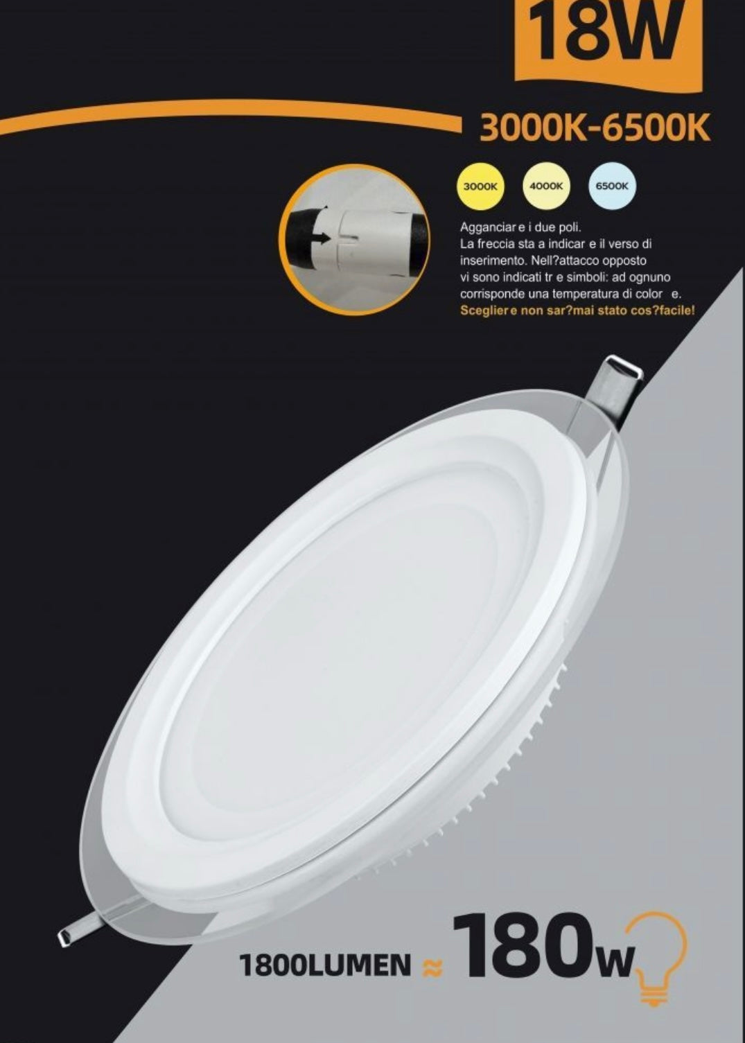 Faretto LED da Incasso Rotondo 18W 1800LM, 3 Colori Selezionabili 3000K 4000K 6500K, Pannello LED Ø200mm, Foro Ø165mm, Fascio 120°, CRI≥80, 1 Pezzo, P-165E-T3C
