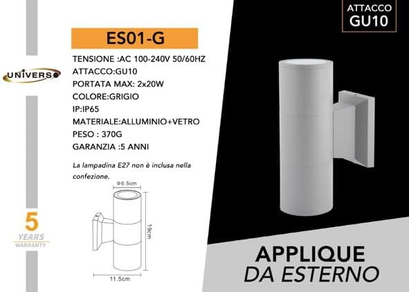 Applique da Esterno 2xGU10 IP55 – Lampada da Parete LED per Esterni a Doppia Luce su e Giù, Design Moderno in Alluminio, Impermeabile, per Facciata, Giardino o Ingresso ES01