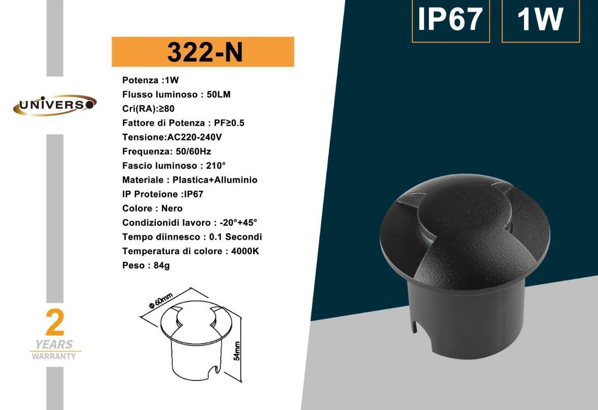 Lampada da Incasso a Terra IP67 1W per Esterno, Segnapasso LED da Giardino, Calpestabile, Corpo Nero, Uso per Vialetti Scale Terrazze – 1W LED-322