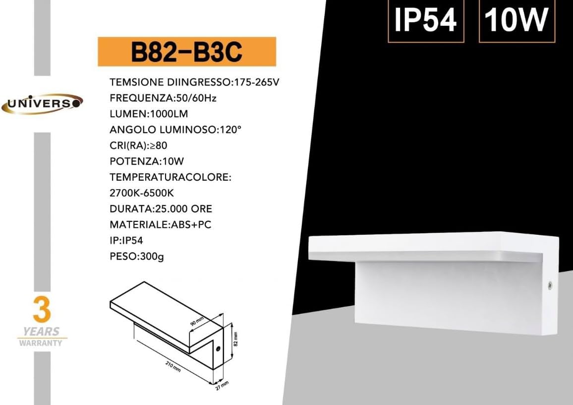 Applique da Esterno LED 10W IP54 – Lampada da Parete Moderna in ABS+PC, 1000LM, 3 Colori CCT Regolabile, Colore Nero o Bianco, per Facciate, Giardini e Balconi B82