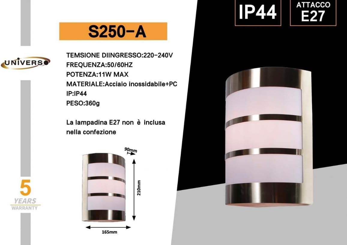 Applique da Esterno E27 IP44, Lampada da Parete Moderna in Acciaio Inossidabile e PC, Design Curvo, Attacco E27 (Lampadina non inclusa), per Facciata, Balcone e Giardino S250-A