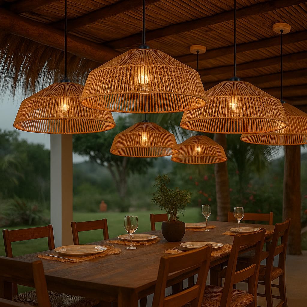 Lampadario a Sospensione in Stile Boho 40/50cm, Paralume in Rattan/Filo di Corda, Attacco E27, Altezza Regolabile, Illuminazione per Cucina Soggiorno Sala da Pranzo – Naturale LP-48