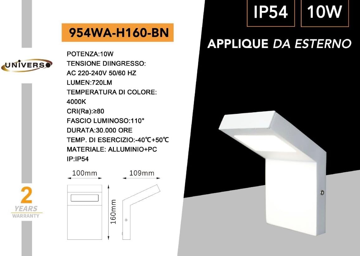 Applique LED da Esterno 10W IP54 4000K, Lampada da Parete Moderna in Alluminio e PC, Impermeabile per Facciata, Balcone e Giardino - Bianco/Grigio Scuro H160