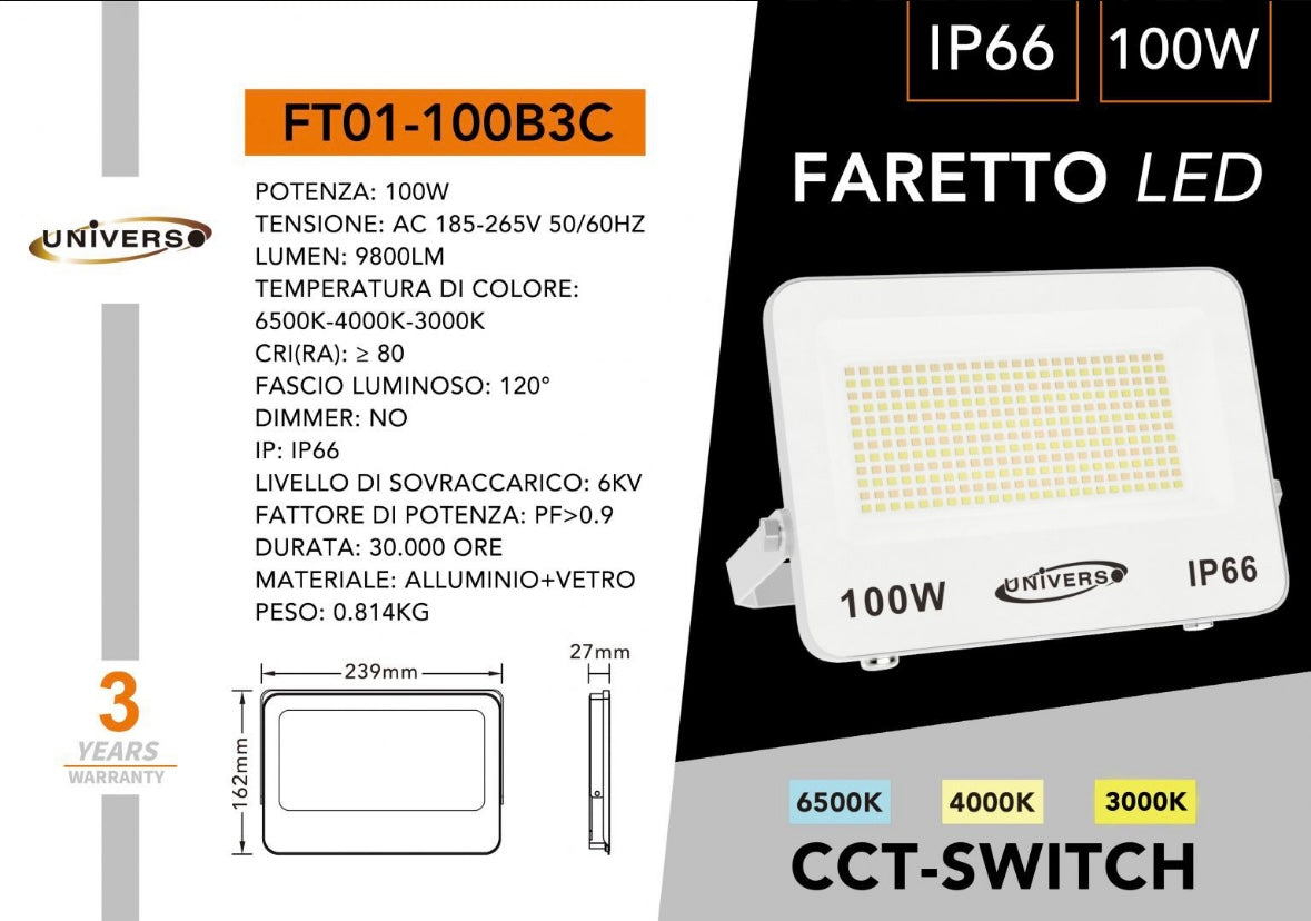 Faro LED Esterno CCT IP66 – 10W/20W/30W/50W/100W/200W – Selettore 3000K-4000K-6500K – Faretto LED da Esterno in Alluminio, Bianco o Grigio FT01