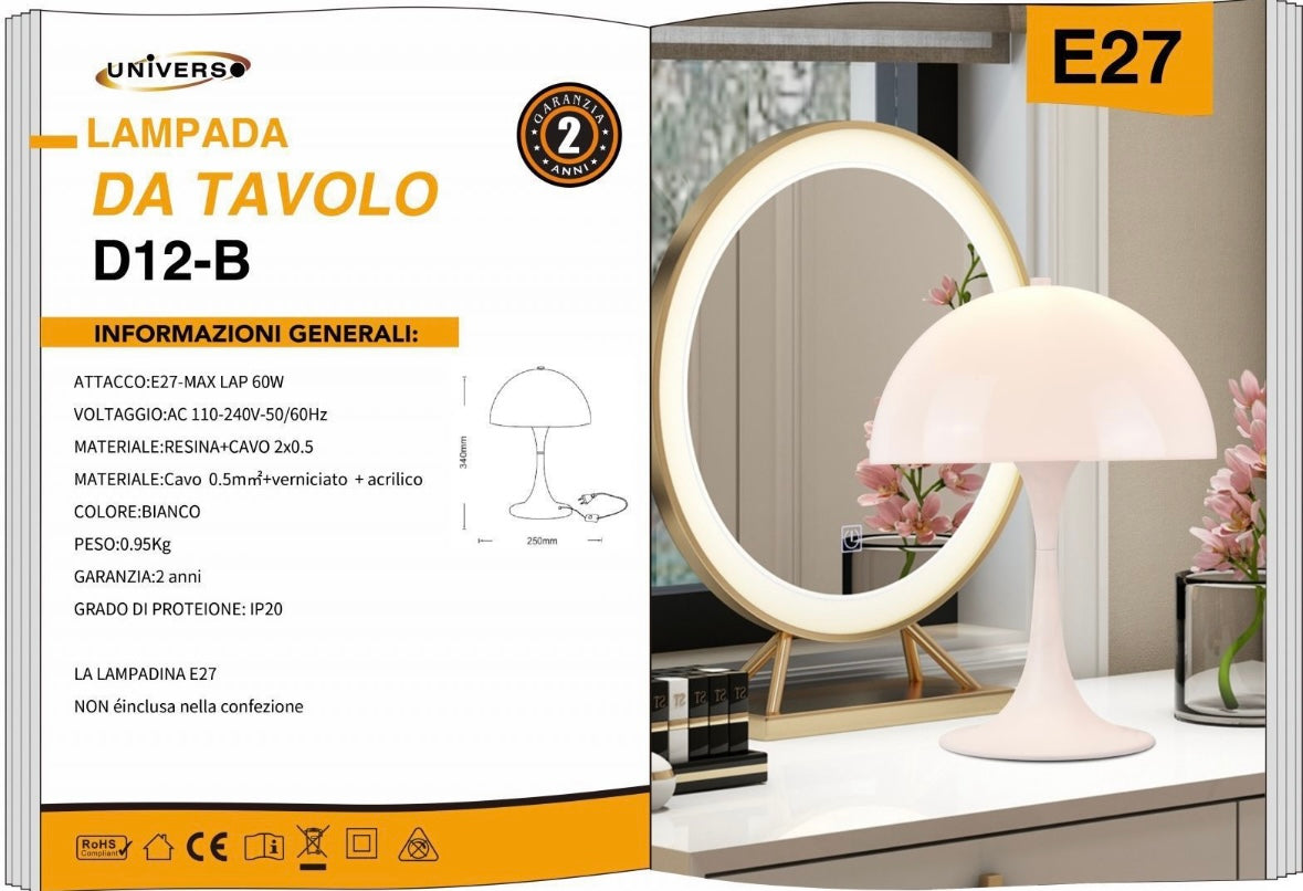 Lampada da Tavolo  E27 – Design Moderno a Fungo, Lampada da Comodino/Scrivania, Metallo e Resina, Colore Bianco, Max 60W D12-B