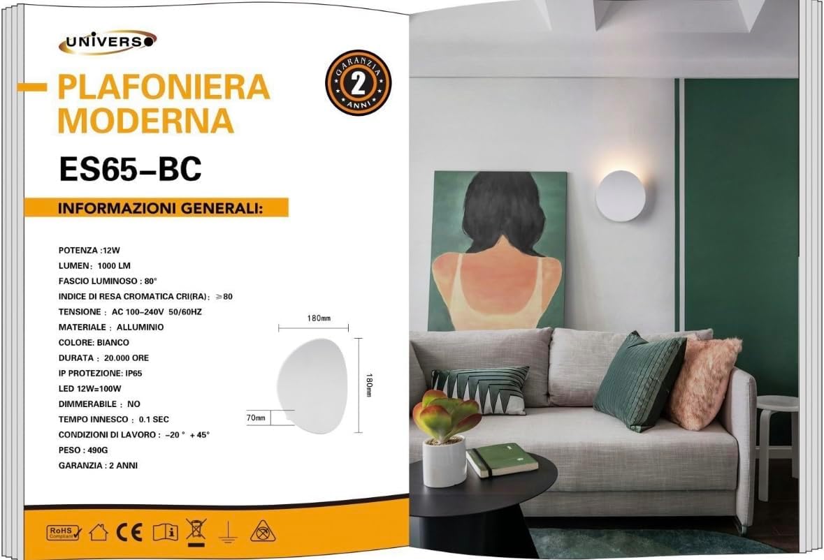 Plafoniera LED da Esterno 12W IP65 – Lampada da Parete Rotonda Moderna, Alluminio Bianco, Luce 3000K/4000K/6500K, Ideale per Interni ed Esterni ES65