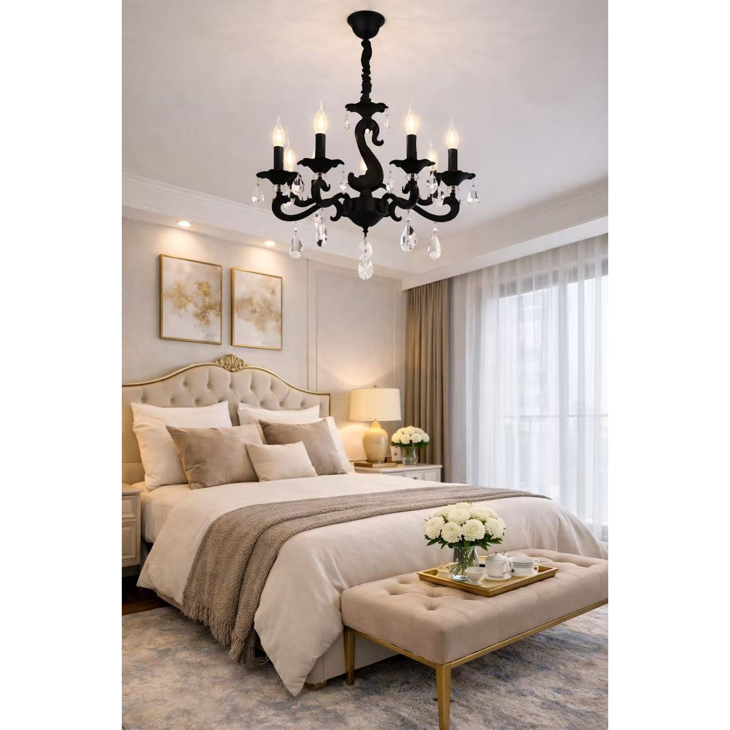 Lampadario a Sospensione Classico in Vetro e Metallo, 5 Luci E14, Stile Elegante per Soggiorno e Camera da Letto, Colori Bianco o Nero – A15-5