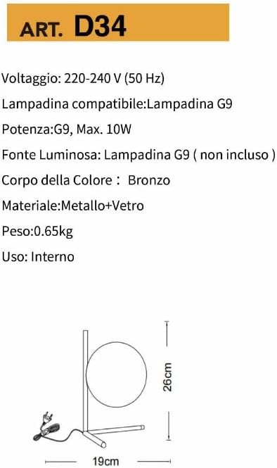 Lampada da Tavolo Moderna in Bronzo – 1xG9, Metallo e Vetro, Design Elegante, Uso Interno D34