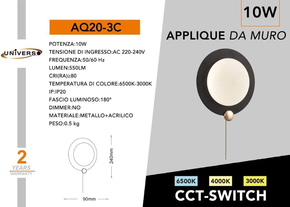 Applique da parete LED 10W con luce regolabile 3000K-6500K, design moderno rotondo in metallo e acrilico bianco-nero, lampada da muro per soggiorno, camera da letto e corridoio, IP20 AQ20-3C